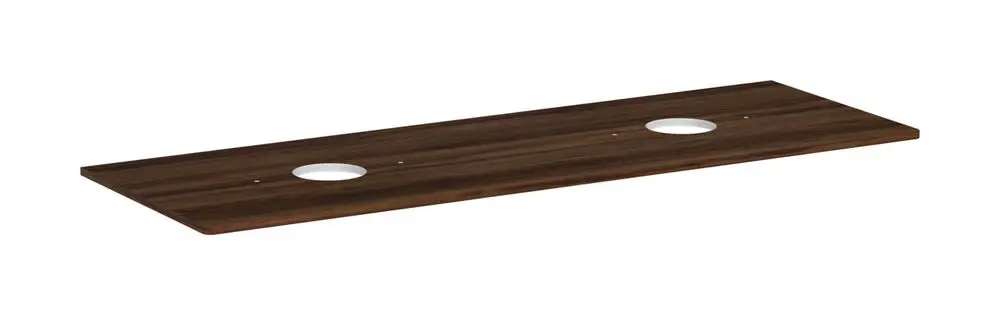 Konsole in dunkler Holzoptik mit zwei runden Ausschnitten, geeignet für einen Aufsatzwaschtisch. Von der Marke Hansgrohe.